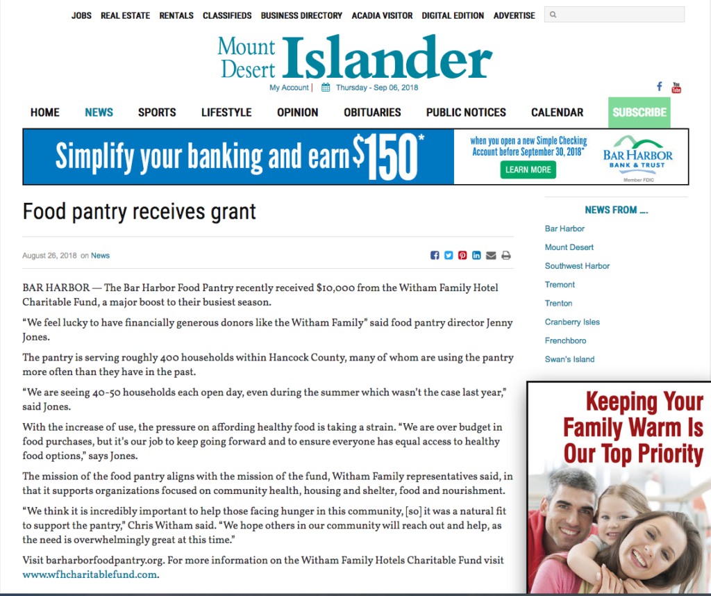 Witham Family Charitable Fund supports local Bar Harbor food pantry
